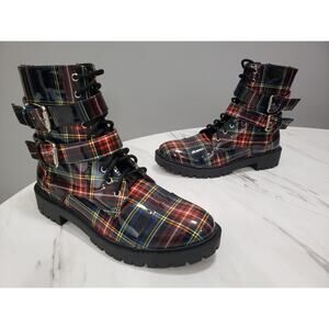 NEW Jessica Simpson Kerina 2 Blue Combo Academy Plaid Combat Boots Size 8